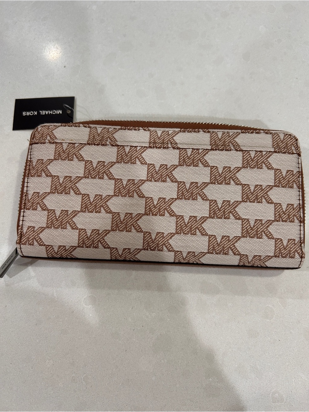 Michael Kors Brown and White MK Logo Zip Wallet